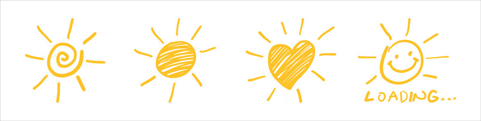 Set of hand drawn sun icons. Vector hands drawn sun icons, doodle cartoon morning summer sketch suns isolated on white background.