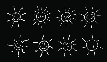 Set of hand drawn sun icons. Vector hands drawn sun icons, doodle cartoon morning summer sketch suns isolated on white background.