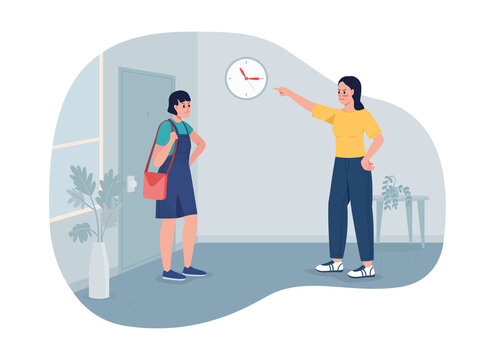 Establishing teenager curfew 2D vector isolated illustration. Annoyed mother scolding girl for getting home late flat characters on cartoon background. Excessive parental control colourful scene