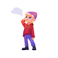 Thinking caucasian school girl or boy with empty cloud bubble above head searching answers on questions isolated flat cartoon character. Vector genius clever kindergarten child looking for solution
