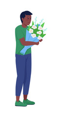 Boy with floral arrangement semi flat color vector character. Full body person on white. Special present to girlfriend isolated modern cartoon style illustration for graphic design and animation