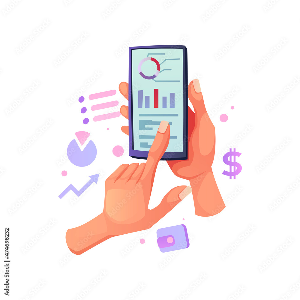 Poster man holding smartphone with finance application isolated mobile phone in person arm, wallet and doll