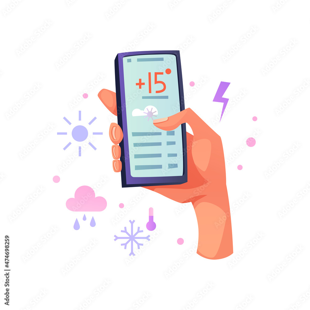 Poster weather forecast mobile application in smartphone, man using smartphone showing cloudy weather with 