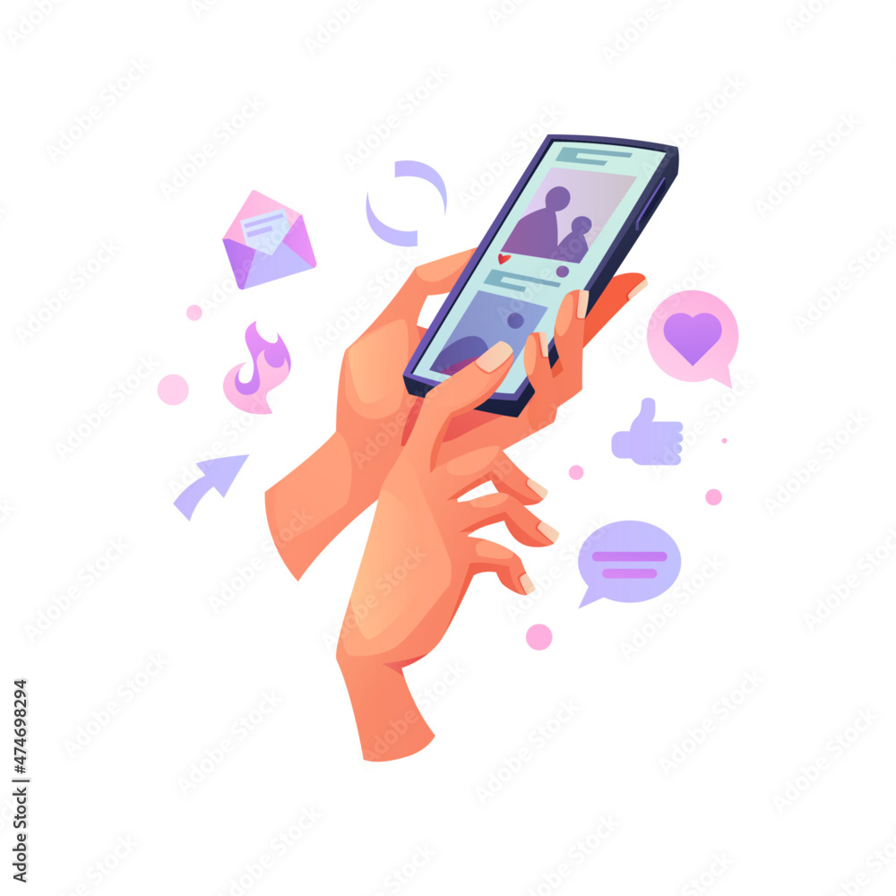 Poster hands holding smartphone with mobile application with social media communication chat, hearts and me
