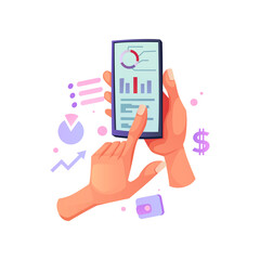Man holding smartphone with finance application isolated mobile phone in person arm, wallet and dollar sign, graphs and ecommerce bars. Analysis of transactions and purchases, banking operations