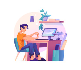 Young man doing stretching while working, guy stretch hand during break, flat cartoon characters. Vector worker doing exercises to reduce stress and tiredness, work at home or office, pain at wrist