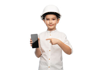 building, construction and profession concept - smiling little boy in helmet showing smartphone over white background