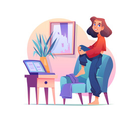 Young woman doing stretching while working, girl stretch leg during break, flat cartoon character. Vector pain in foot, worker doing exercises to reduce stress and tiredness, work at home or office
