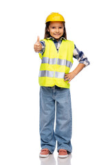 building, construction and profession concept - smiling little girl in protective helmet and safety vest showing thumbs up over white background