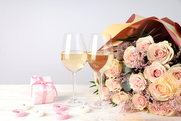 Happy Valentine day composition on white wooden table