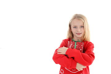 Little girl with Christmas box, isolated on white background