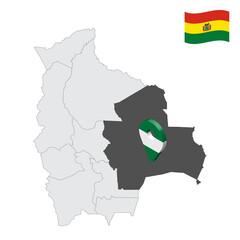 Location Santa Cruz Department  on map Bolivia. 3d location sign similar to the flag of Santa Cruz. Quality map  with Departments of  Bolivia for your design. EPS10