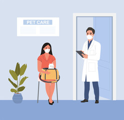Veterinarian services. Young woman sitting and holding pet carrier with cat at vet office. Flat vector illustration