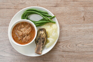 spicy mashed mackerel and fermenting fish chili sauce paste eat couple boiled vegetable on plate