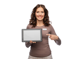 sale, shopping and business concept - happy female shop assistant with tablet pc computer name tag over white background