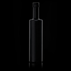 Black bottle against a black background with light edges.