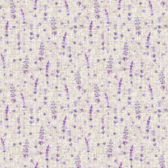 Lavender flowers and purple splashes watercolor seamless pattern on linen background