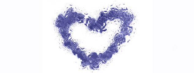 purple heart under glass surface with water drops close. Valentines background, love, date concept