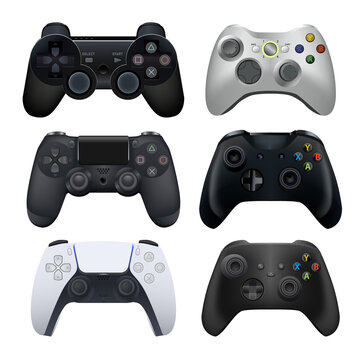 Set of Gamepads for Play Consoles and PC Video Games, such as: Sony Playstation 5, Microsoft XBox Series X, and others, realistic vector illustration