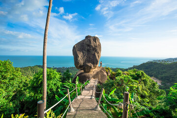 Background of evening natural light on high mountains overlooking the sea, coconut palms,hillside...