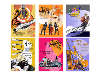 Fototapeta premium Abstract colorful posters with musicians at the party. Jazz band. Hand drawn vector illustration.