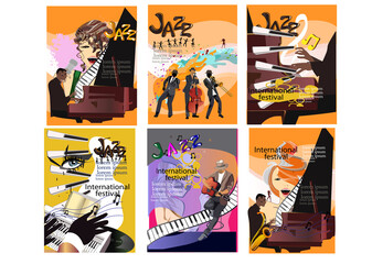 Abstract colorful posters with musicians at the party. Jazz band. Hand drawn vector illustration.