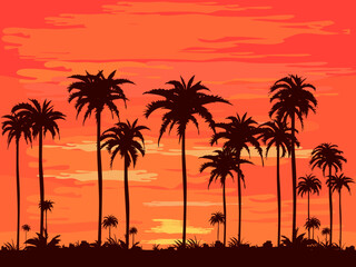 Naklejka na ściany i meble The evening on the beach Summer orange sky and coconut tree shadow.