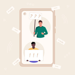 Asian and african men with interrogative and affirmative placards in hands in smartphone in flat style vector illustration