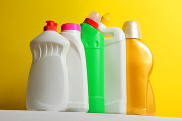 set of cleaning products on a colored background close-up with a place for text