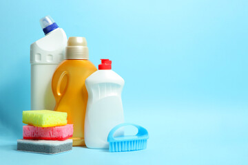 set of cleaning products on a colored background close-up with a place for text