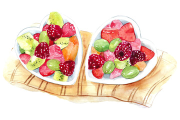 Fruit salad in heart shaped bowls watercolor illustration.