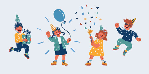 Vector illustration of four kids friends celebrate birthday