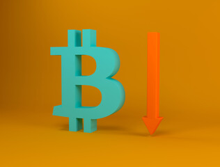 Bitcoin and down arrow. Decrease in the value of the currency. Fluctuations and forecasting of the cryptocurrency rate. 3D rendering