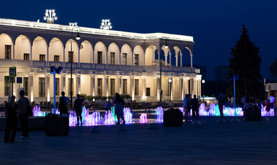 multicolored fountain at night in the background manor