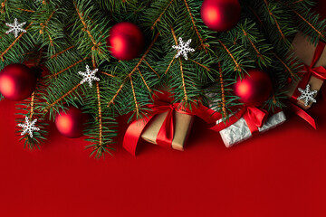 Christmas background with xmas tree and sparkle bokeh lights on wooden canvas background. Merry christmas card. Winter holiday theme. Happy New Year. Space for text. Happy Holidays