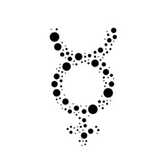 A large astrological mercury symbol in the center made in pointillism style. The center symbol is filled with black circles of various sizes. Vector illustration on white background