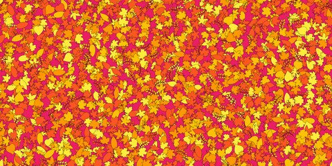 Vector background with red, orange and yellow falling autumn leaves. Abstract seamless pattern from different leafs. Many small leaves. Vector illustration on pink background