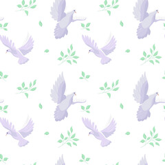 Fototapeta na wymiar Dove flying seamless vector pattern. A branch from a tree. Dove of peace. Isolated on white background.