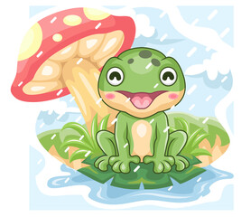 cartoon cute little frog being happy playing in the rain under the mushroom tree