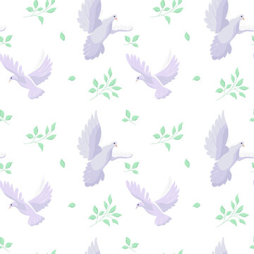 Dove flying seamless vector pattern. A branch from a tree. Dove of peace. Isolated on white background.