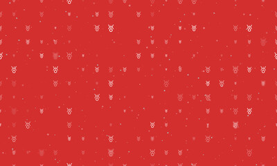 Seamless background pattern of evenly spaced white astrological uranus symbols of different sizes and opacity. Vector illustration on red background with stars