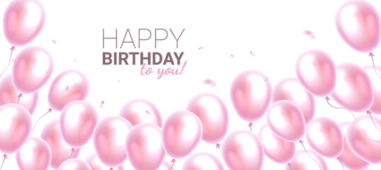 Vector happy birthday illustration with heap of realistic pink color air balloon with text and confetti. Beautiful holiday template design with balloon on light background