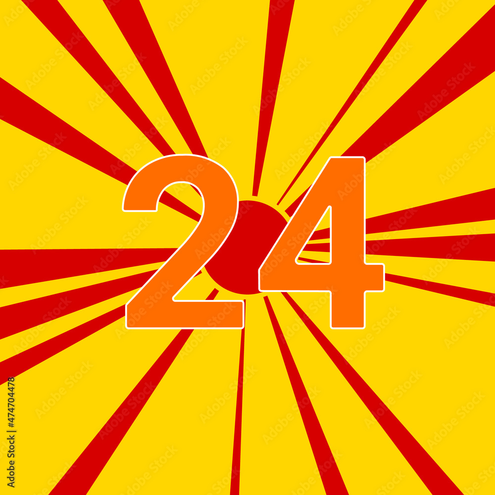 Poster around the clock symbol on a background of red flash explosion radial lines. a large orange symbol i