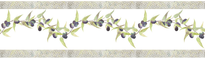 Seamless pattern,decorative border with Roman ornament and a sprig of olive tree with olives,drawing with watercolor paints. Wall decor, border, tile