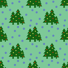 Seamless pattern. Image of green Christmas trees with balls and snowflakes on pastel green backgrounds. Symbol of New Year and Christmas. Template for applying to surface. 3D image. 3d rendering