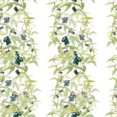 Seamless pattern with olive branches, patterned path, vegetable border © Елена Устьянцева