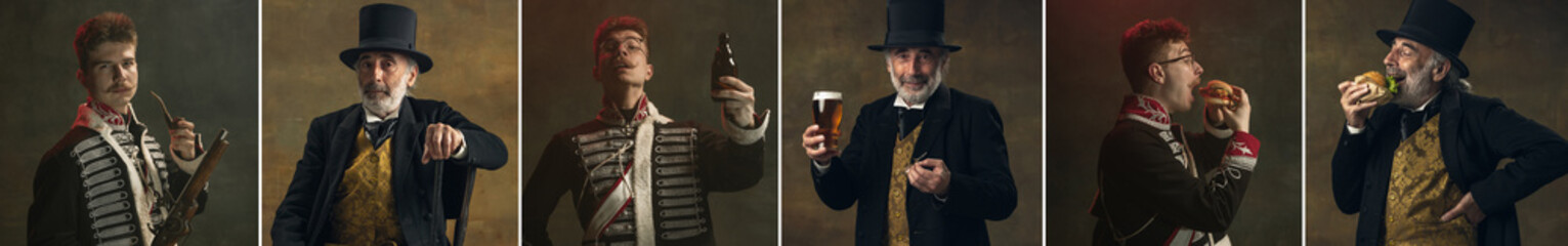 Young and old men in image of medieval royalty persons in vintage clothing with drinks and snacks on dark background. Concept of comparison of eras - obrazy, fototapety, plakaty