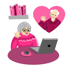Old people met each other on a dating site on Valentine's Day. Pensioners correspond and call up on a conference call.