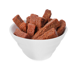 Crispy rusks with seasoning in bowl isolated on white