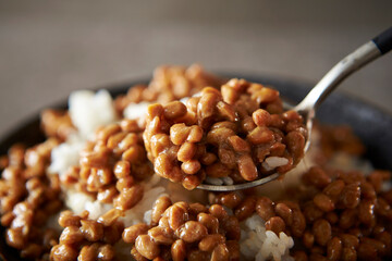 Close-up of natto on white rice